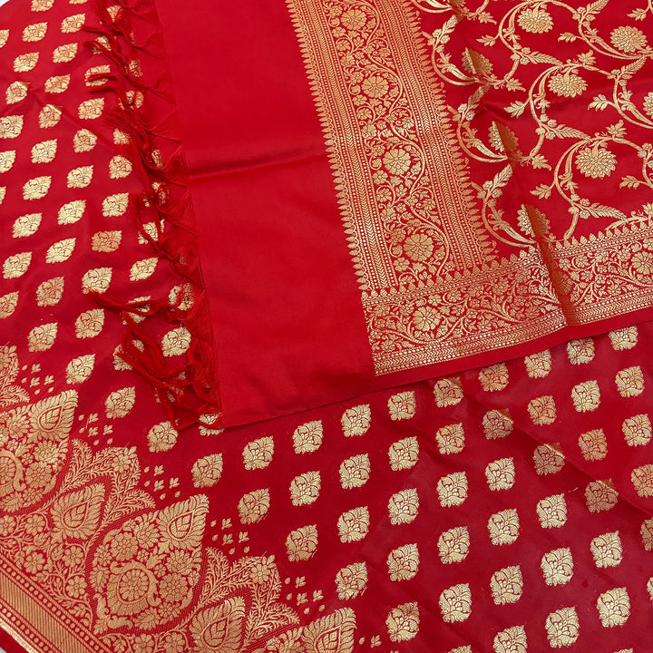 Red Singhasan Buti Satin Silk Banarasi Suit