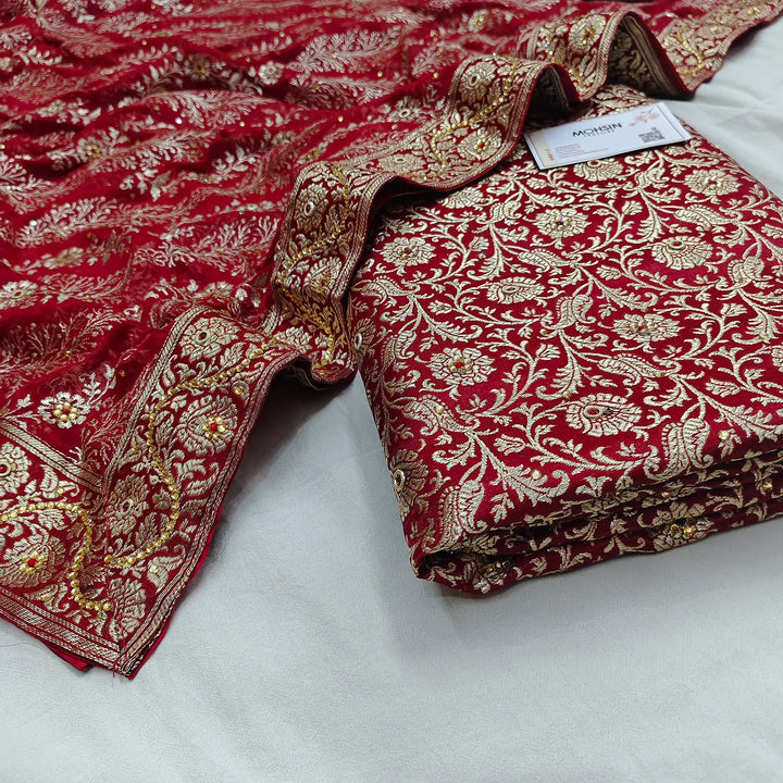 Red Stone Work Kimkhab Silk Banarasi Gharara