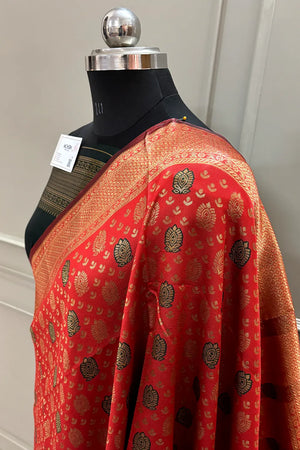 Red and Bottle Green Silky Banarasi Saree