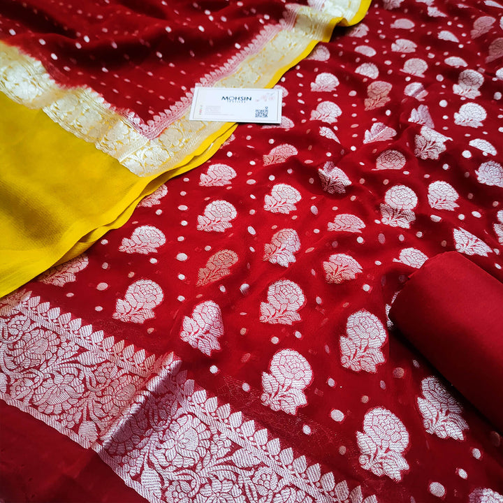 Red and Yellow Multi Handloom Georgette Banarasi Suit