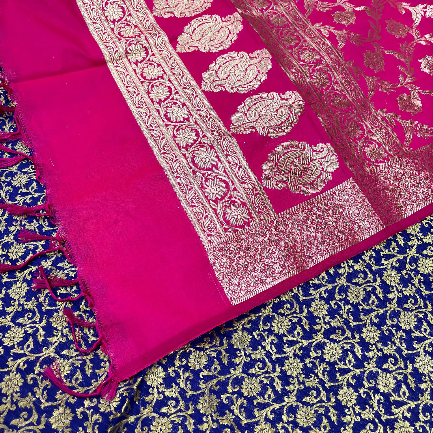 Royal Blue and Pink Golden Zari Katan Silk Banarasi Suit