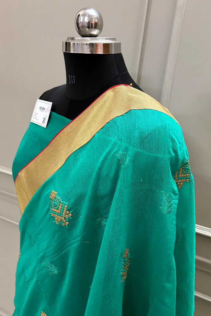 Sea Green Embroidery Silky Banarasi Saree