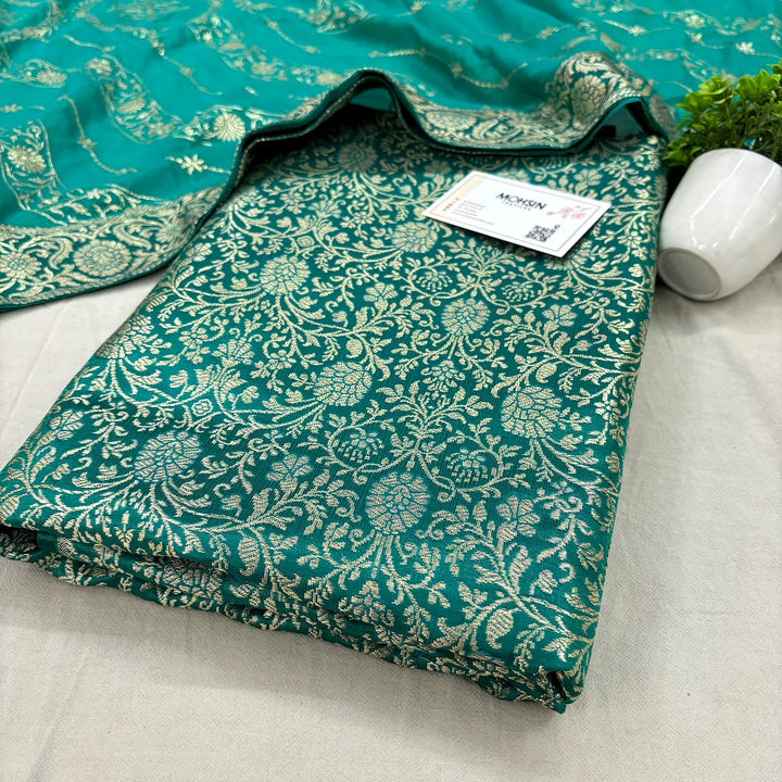 Sea Green Golden Zari Kimkhab Silk Banarasi Gharara