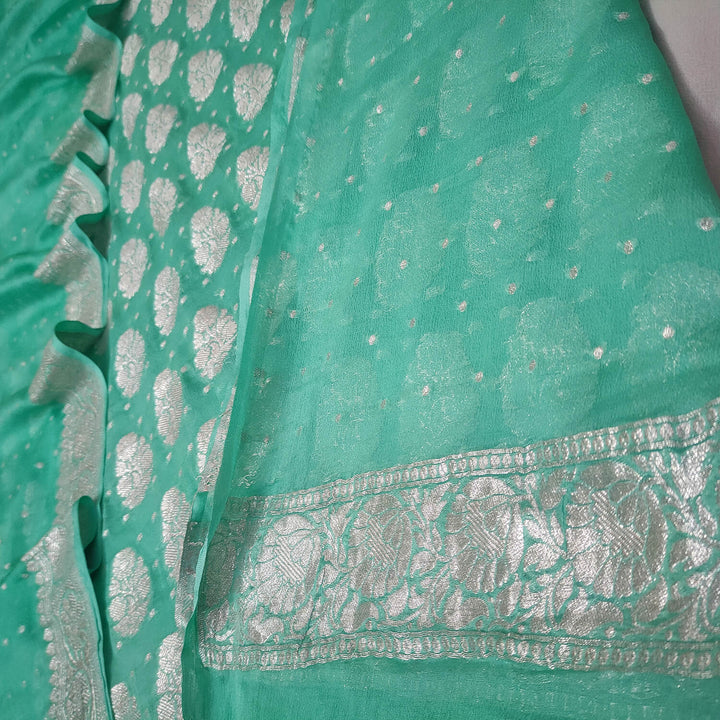 Sea Green Handloom Georgette Silk Banarasi Suit