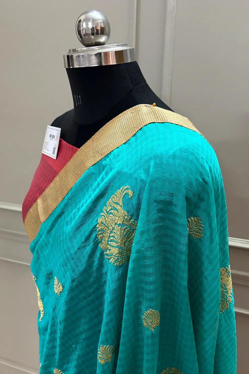 Sea Green and Peach Embroidery Silky Banarasi Saree