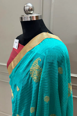 Sea Green and Peach Embroidery Silky Banarasi Saree
