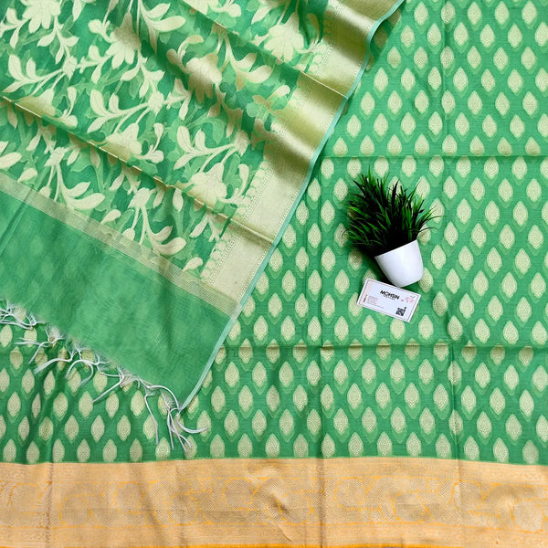 Sea Green and Yellow Resham Zari Banarasi Silk Suit