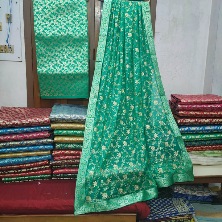 Sea Green Golden Zari Kimkhab Silk Banarasi Gharara