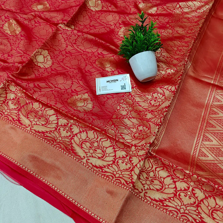 Strawberry Pink Golden Zari Soft Silk Banarasi Saree