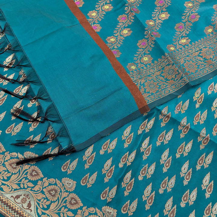 Teal Kadi Patti Satin Silk Banarasi Suit