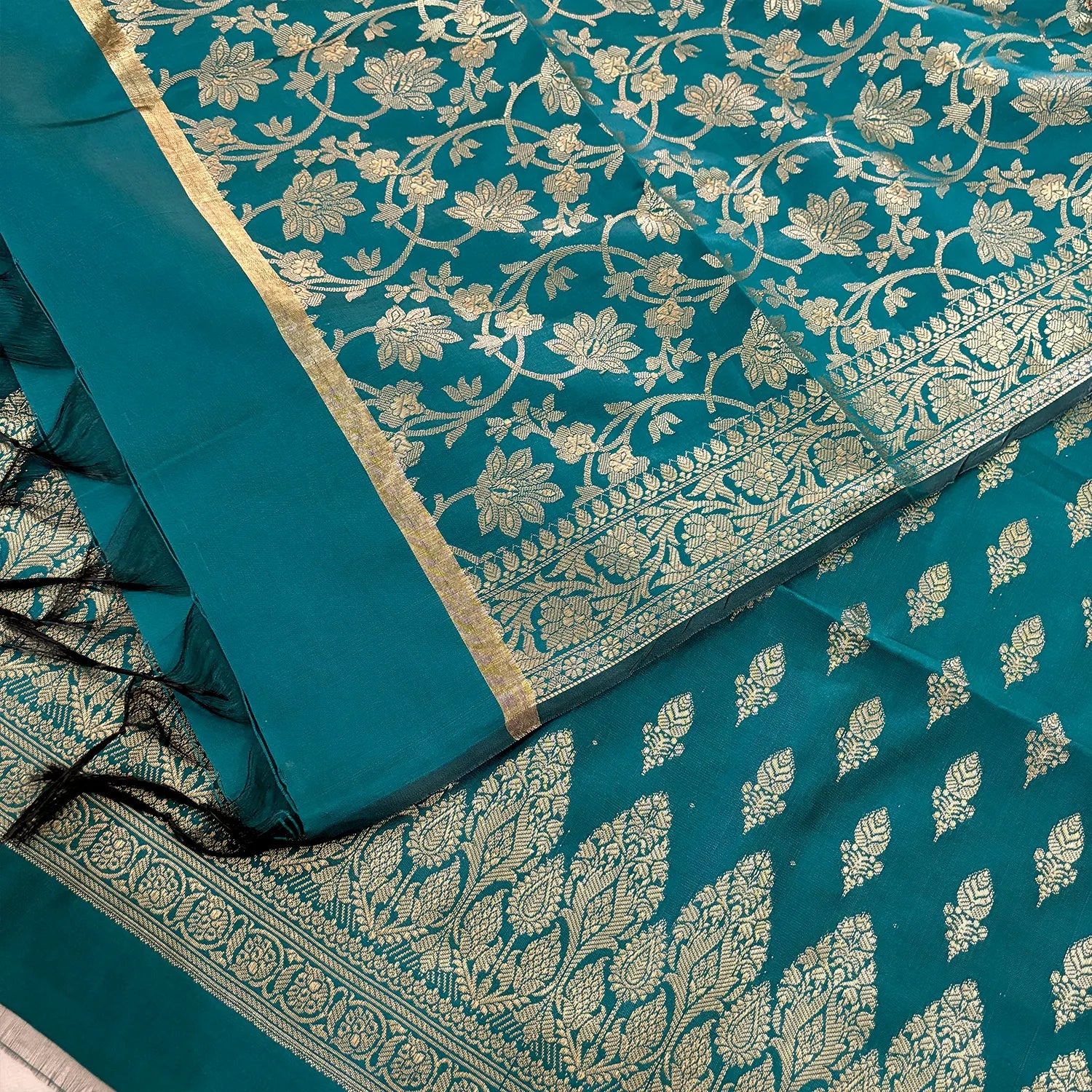 Teal Parvat Buti Satin Silk Banarasi Suit