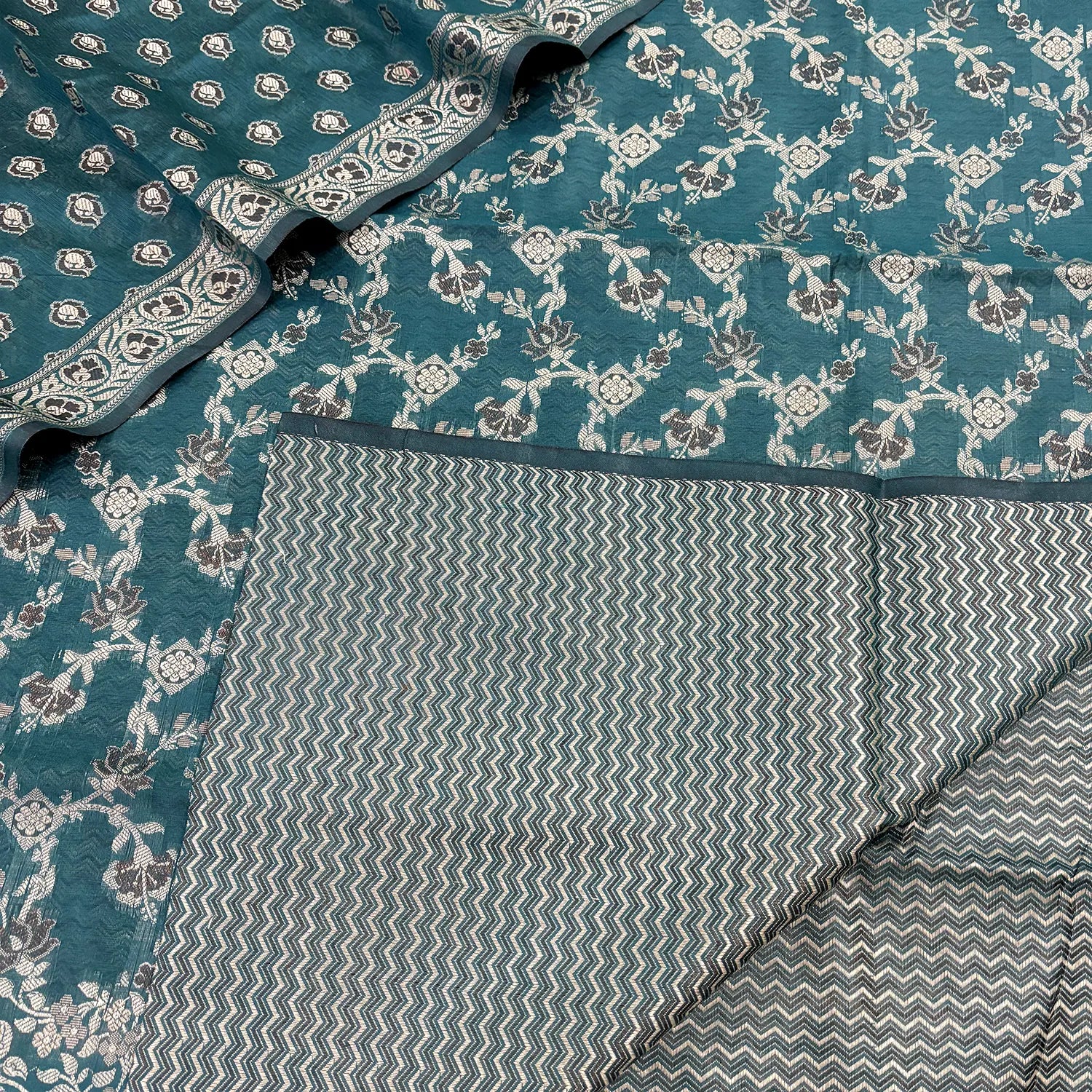 Teal Resham Zari Cotton Silk Banarasi Suit