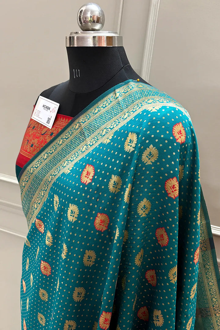 Teal and Red Resham Zari Silky Banarasi Saree