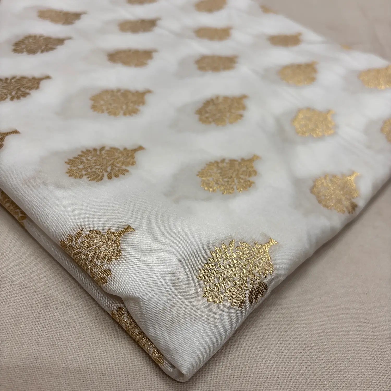 White Dabur Tree Katan Silk Banarasi Fabric