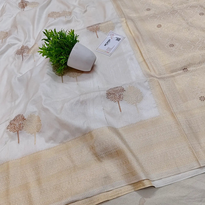 White Dyeable Golden Zari Soft Silk Banarasi Saree