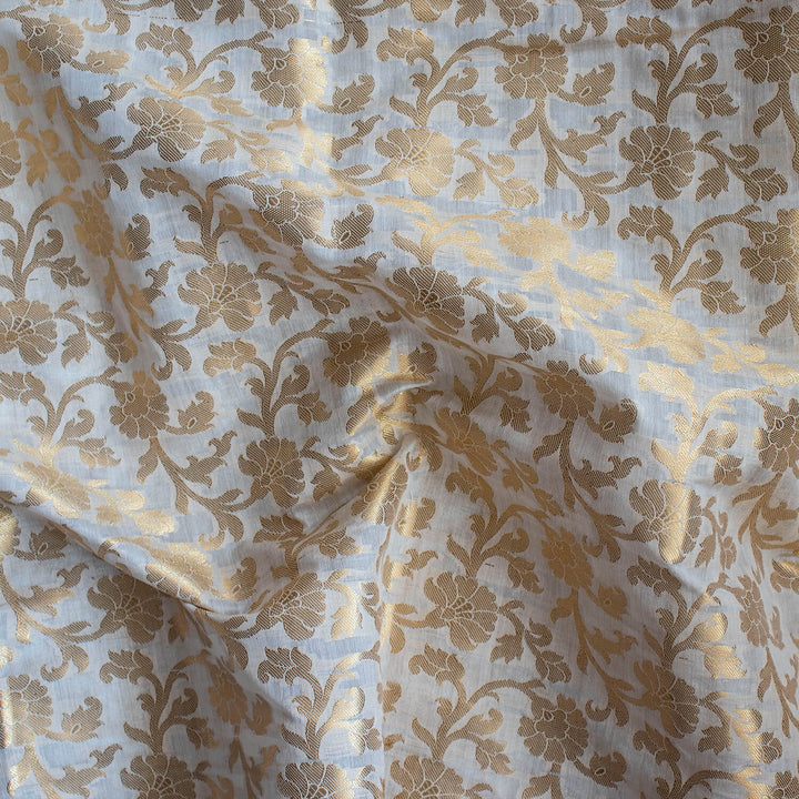 White Golden Zari Banarasi Musrize Silk Fabric