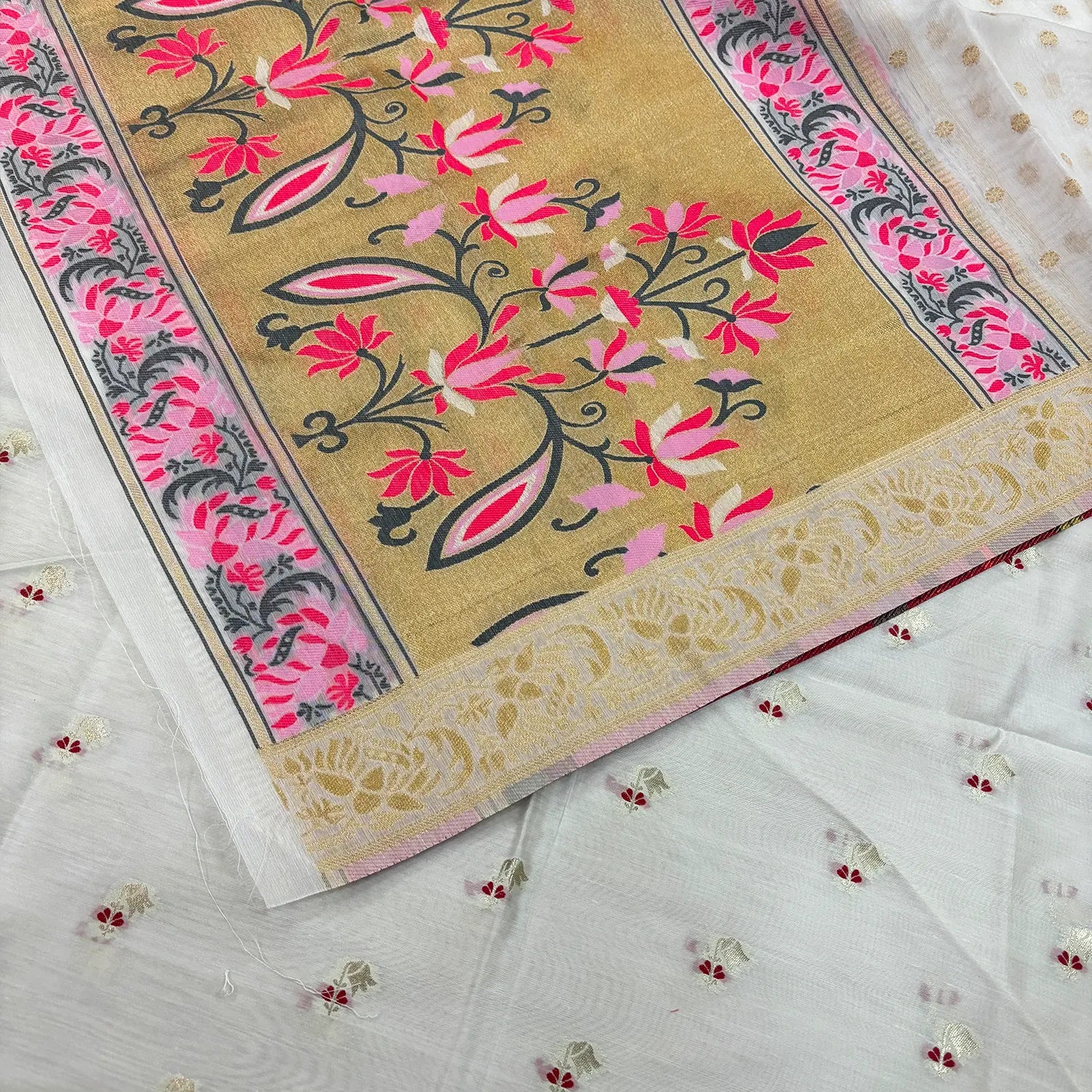 White Golden Zari Cotton Silk Banarasi Suit