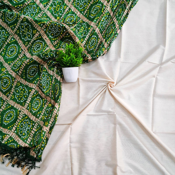 White Plain Banarasi Silk Suit With Green Bandhej Printed Dupatta