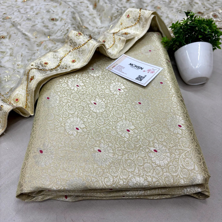 Cream Golden Zari Kimkhab Silk Banarasi Gharara With Stone Dupatta