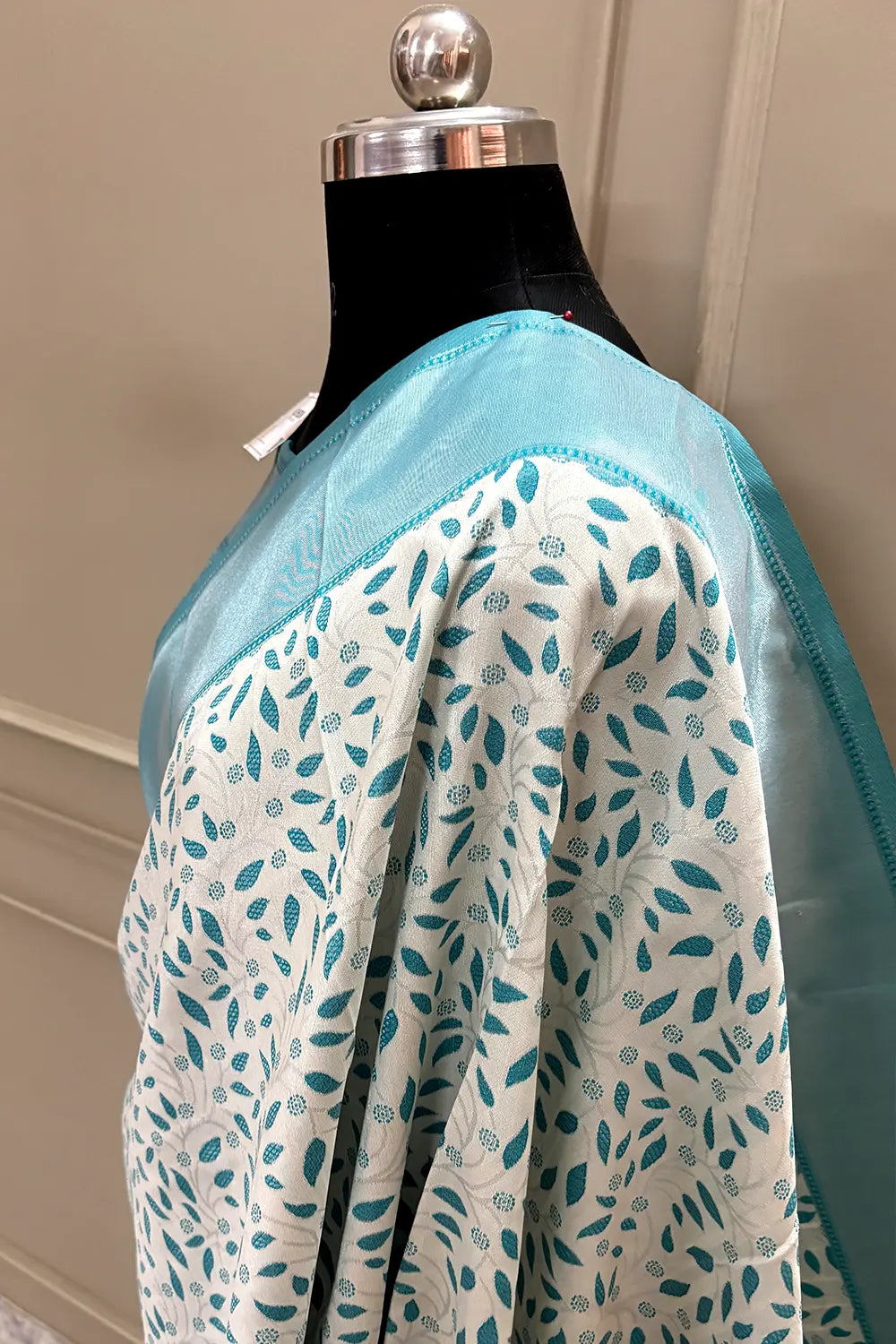 White and Firozi Resham Zari Banarasi Silk Saree