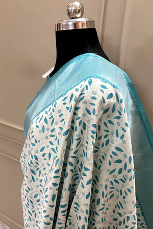 White and Firozi Resham Zari Banarasi Silk Saree