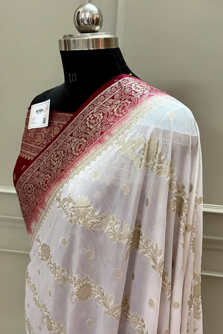 White and Maroon Golden Zari Dola Silk Banarasi Saree