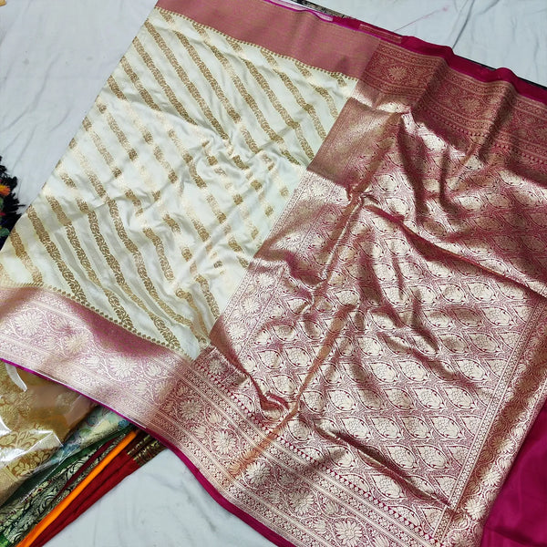 White and Pink Katan Silk Banarasi Saree