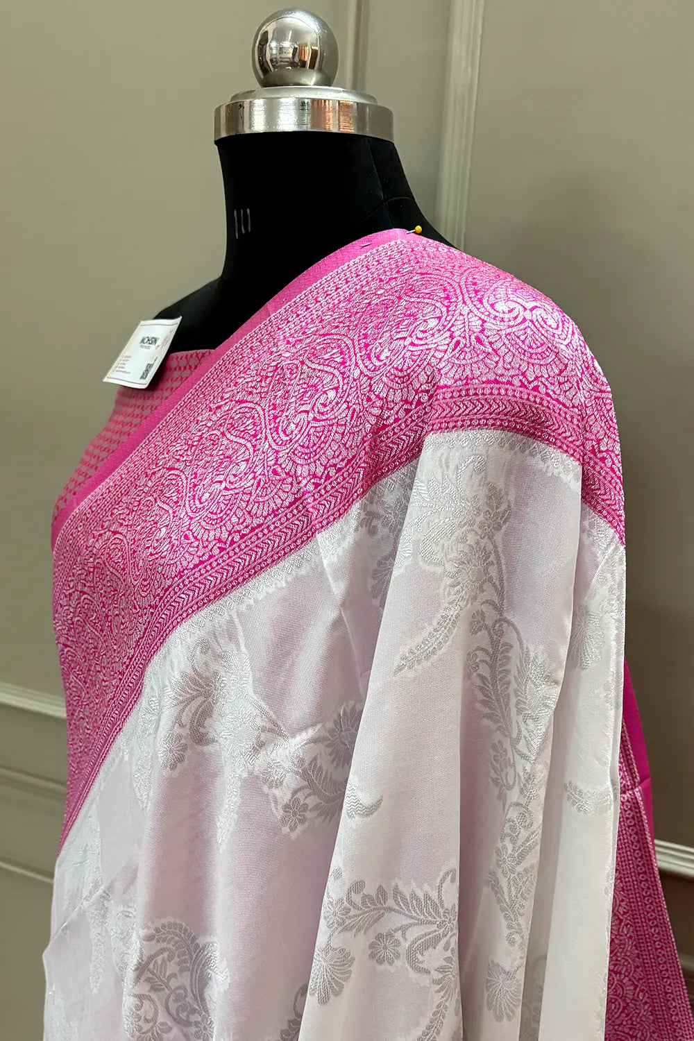 White and Pink Resham Zari Silky Banarasi Saree