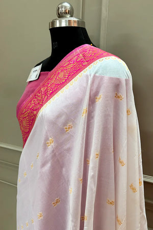 White and Pink Resham Zari Silky Banarasi Saree