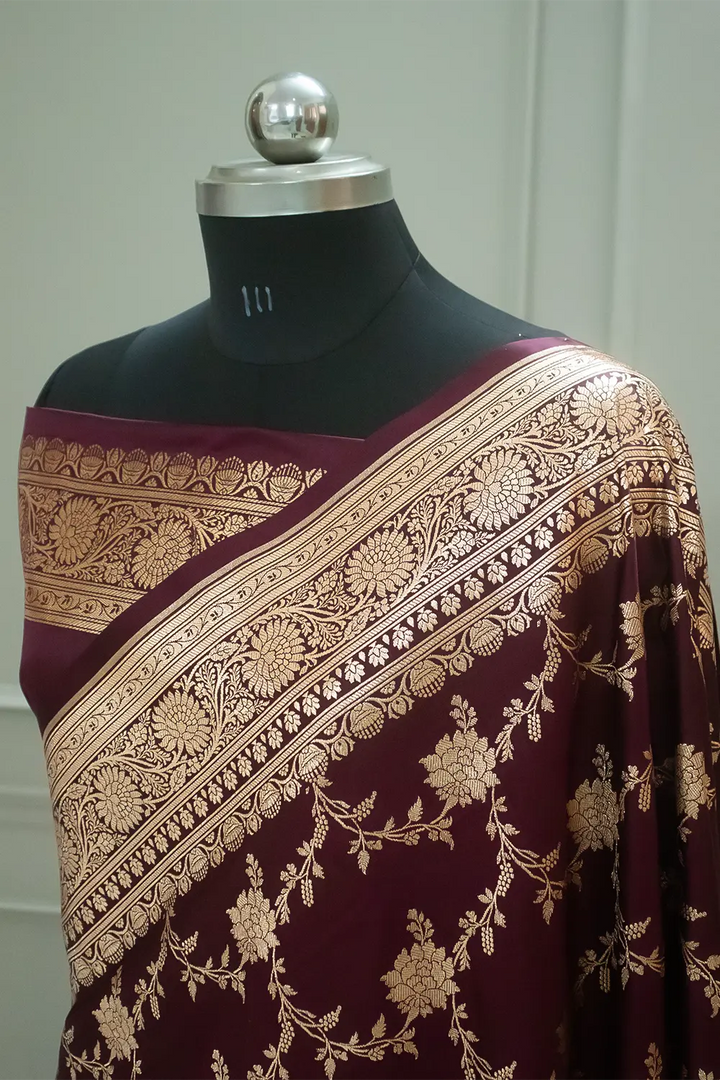 Wine Akbari Jaal Katan Silk Banarasi Saree