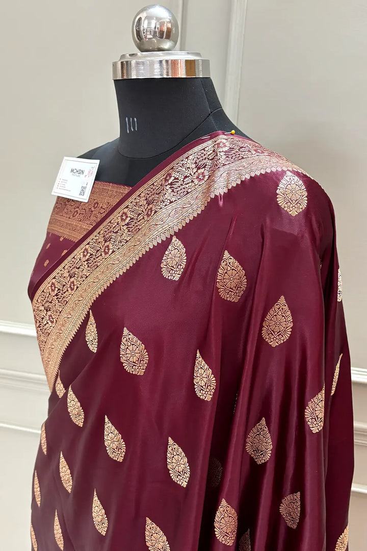 Wine Badami Buta Katan Silk Banarasi Saree