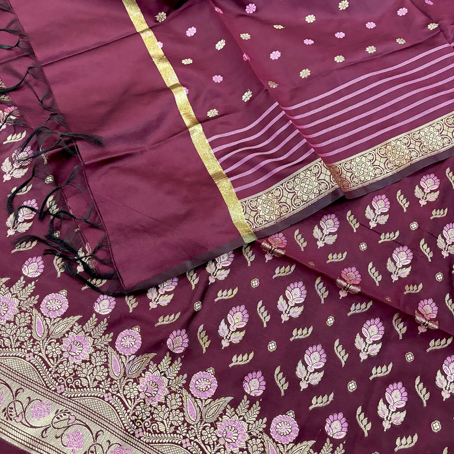 Wine Golden Zari Satin Silk Banarasi Suit