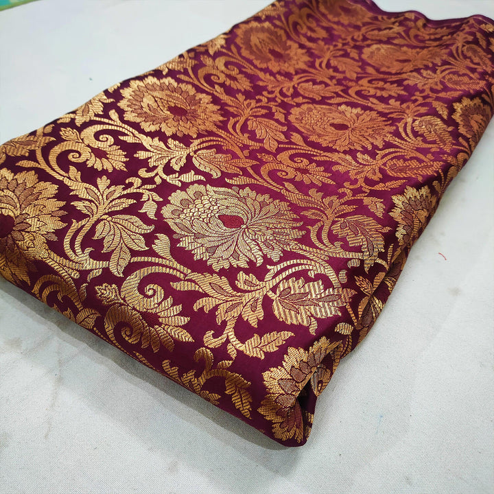 Wine Golden Zari Katan Brocade Silk Fabric