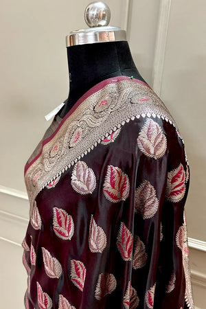 Wine Golden Zari Katan Silk Banarasi Saree