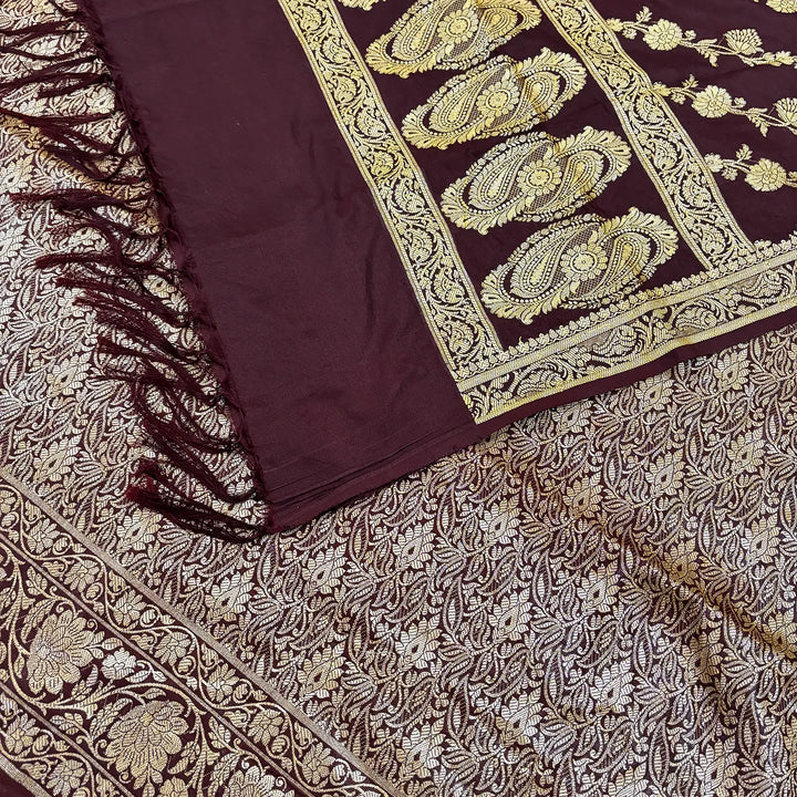 Wine Golden Zari Katan Silk Banarasi Suit