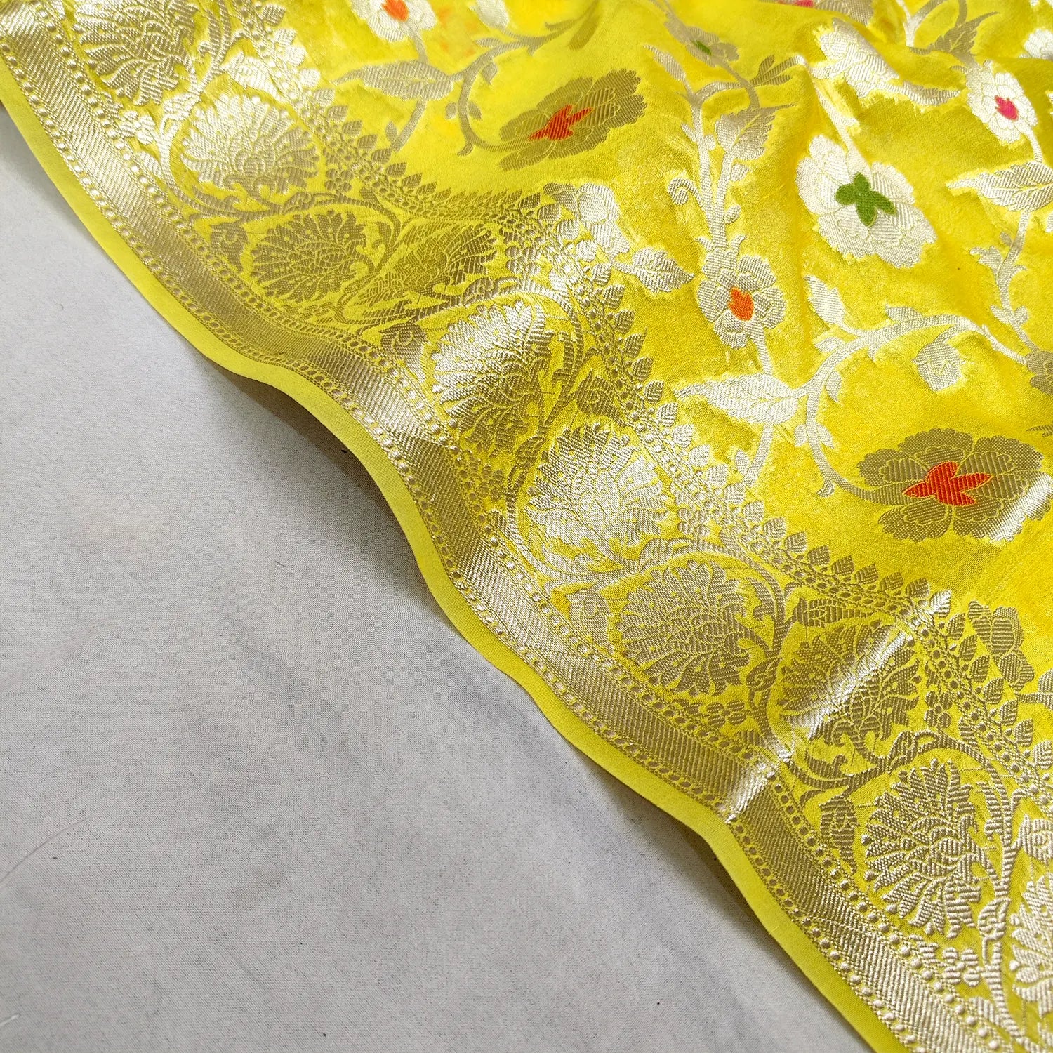 Yellow Golden Zari Georgette Silk Banarasi Saree