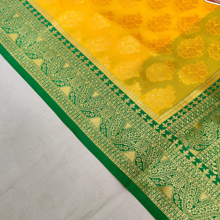 Yellow and Green Resham Zari Soft Silk Banarasi Saree