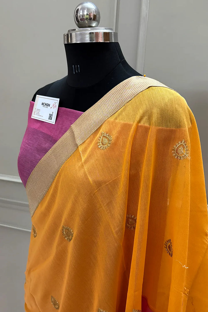 Yellow and Pink Embroidery Work Chanderi Silk Banarasi Saree