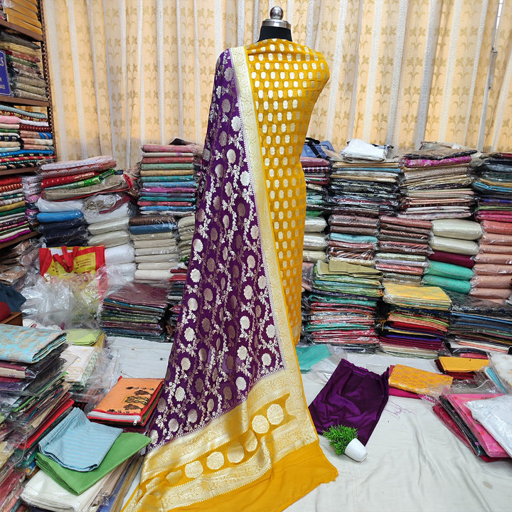 Yellow and Purple Handloom Georgette Silk Banarasi Suit