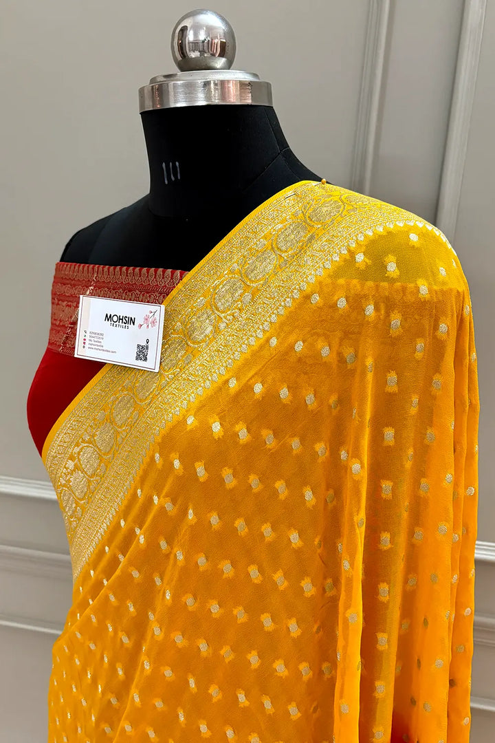 Yellow and Red Matar Dana Georgette Silk Banarasi Saree