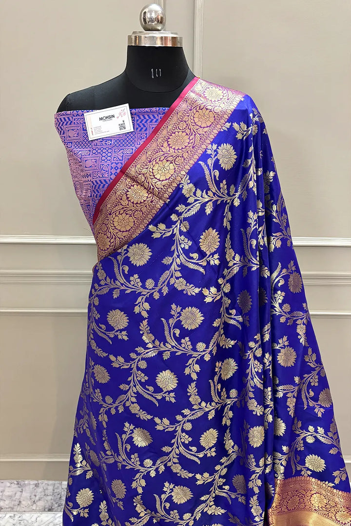 Auda and Royal Blue Morpankhi Jaal Satin Silk Banarasi Saree