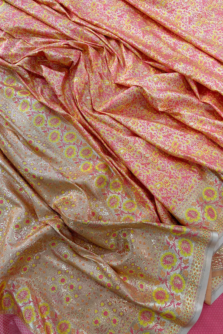 Baby Pink and Peach Jungli Jaal Katan Silk Banarasi Saree