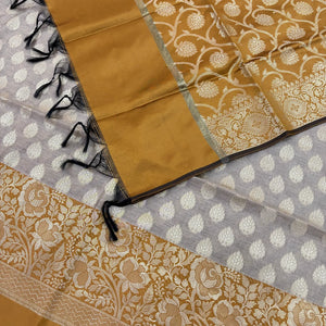 Beige and Mustard Gulkan Buti Satin Silk Banarasi Suit