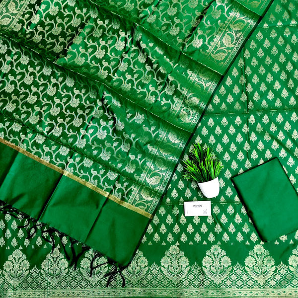 Green Podha Satin Silk Banarasi Suit