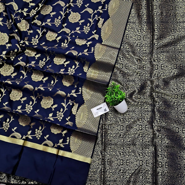 Navy Blue Dhaniya Satin Silk Banarasi Suit