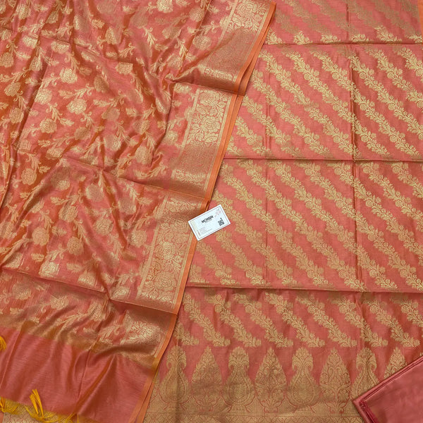 Peach Golden Zari Banarasi Silk Suit