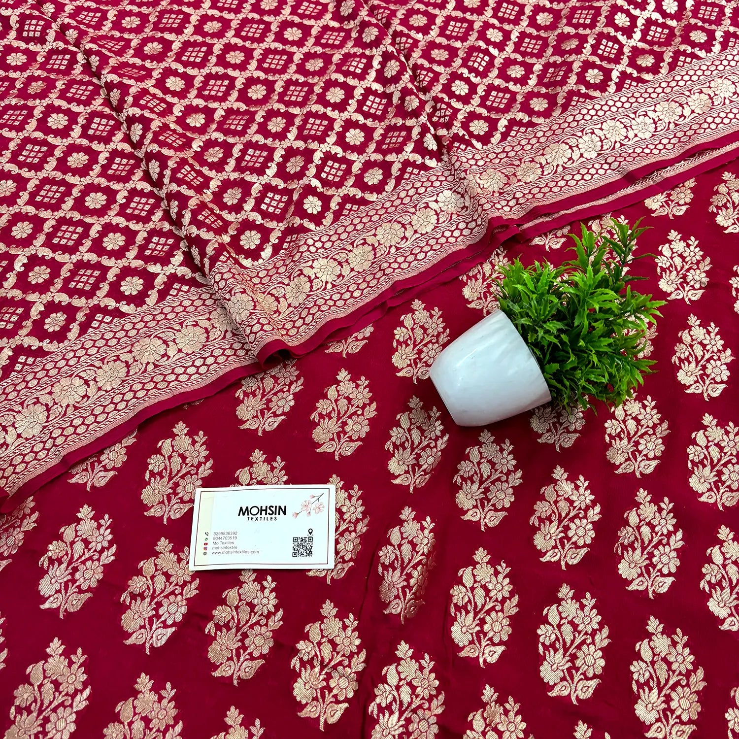 Pinkish Red Golden Zari Georgette Silk Banarasi Suit