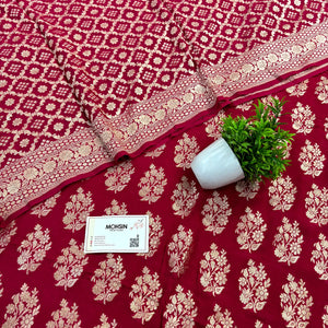 Pinkish Red Golden Zari Georgette Silk Banarasi Suit