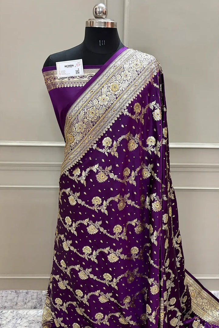 Purple Tirchi Daal Stone Work Katan Silk Banarasi Saree