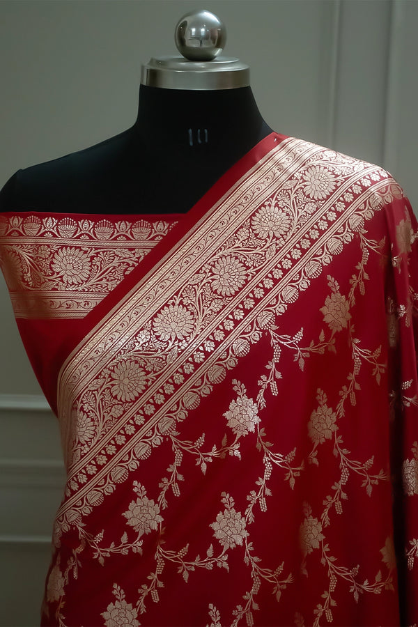 Red Akbari Jaal Katan Silk Banarasi Saree